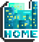 Home A pixel button of a cityscape. The button says "Home" at the bottom.