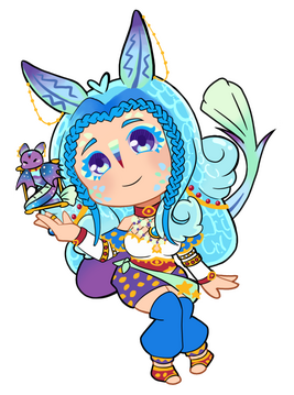 A chibi drawing of Nova holding Continuum. She is sitting and leaning to the side with a smile.