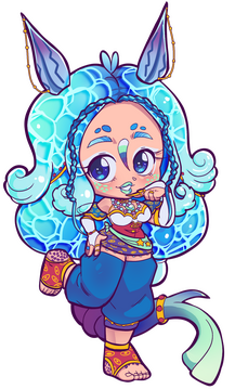 A chibi drawing of Nova. She is standing on one leg with her hand on her up and the outfit hand making a cutesy pose by her face.