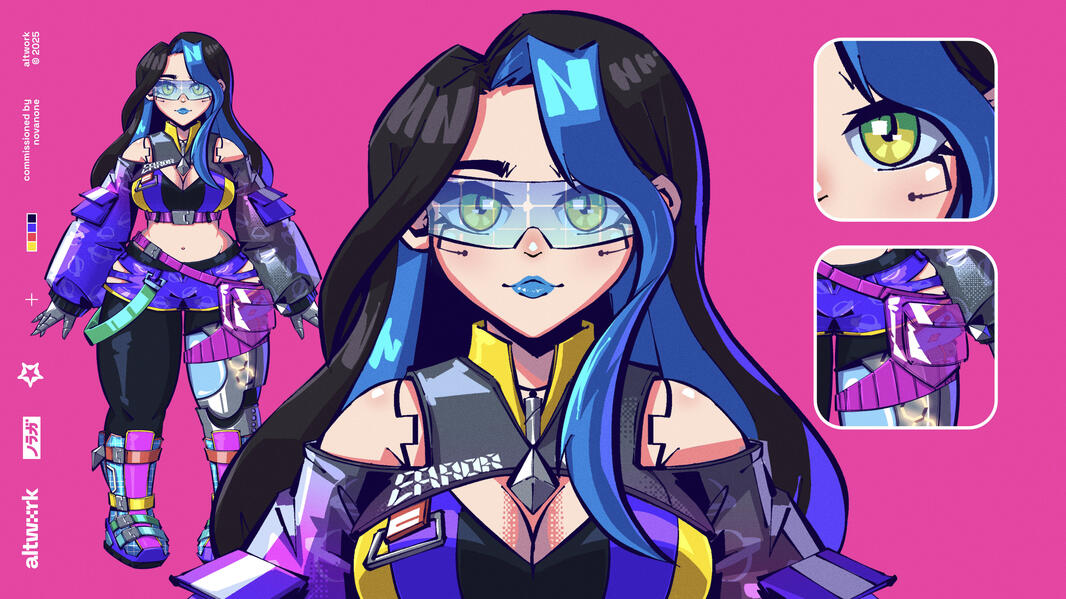 A preview image of None's 1.1 Live2D model by Altwork. The reference has some detail snapshots, a full body reference, and a bust reference.