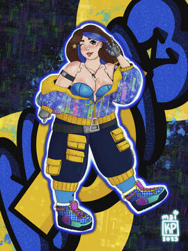 A drawing of None over a graffiti style background. She is their 1.0 outfit. She is giving a peace sign and winking at the camera.
