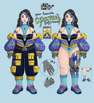 A reference of None's 1.0 outfit, with and without cargos. The outfit consists of: turtleneck bodysuit, overbust corset, oversized glitch-themed jacket, cargos, socks with a sword design, and 80s themed shoes. None has prosthetic hands and left leg.