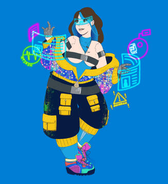 A drawing of None in their 1.0 outfit. She is working on various interfaces, some with warnings and bombs, etc.