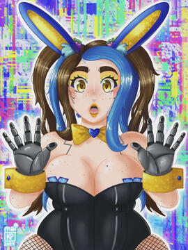 A drawing of none in a bunny suit. She has yellow cuffs, a yellow bowtie with a blue heart in the center, and blue and yellow bunny ears. Their face is shocked and her hands are up as if she wasn't expecting to see you.
