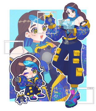 A digital drawing of None in her 1.0 outfit with Meteor. There are 3 drawings combined: a chibi drawing, a drawing of None holding Meteor, and a drawing of None working on holographic screens and holding Meteor.