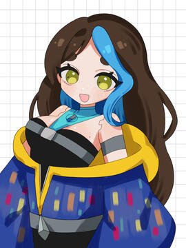 A digital drawing of None. She is wearing her original oversized digital glitch inspired pattern hoodie while leaning slightly into the frame, looking at the viewer, and smiling.