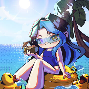A digital drawing of None in a blue one piece swimsuit. She is on a tube with a drink in her hand, giving the viewer a smug look. It is daytime and they are surrounded by rubber ducks.