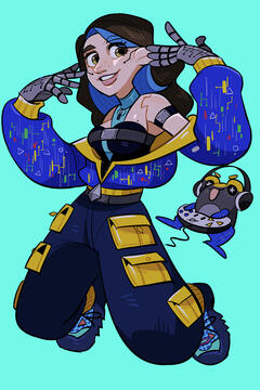 A digital drawing of None in her 1.0 outfit and Meteor, their plush frog robot. None is doing an excited jump pose and Meteor is 'floating' with a gamepad and headphones.