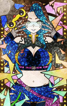 A draw of None and Meteor in the style of stained glasses. None is looking with an almost devious grin at the viewer; her hands are posed up by her face. Meteor is upside down in the upper left. His arms are raised and he has a very cute and wide smile.