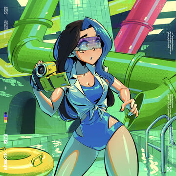 A digital drawing of None in a swimsuit. She is in a liminal space with water slides. The pool seems to be operational. None is front and center with a worried look on their face, wearing a blue one piece swimsuit with a tied up white button down.