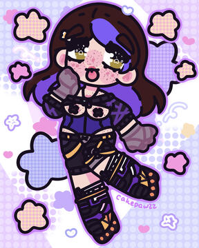 A drawing of None in an alternative purple outfit. She is posed on one leg with her prosthetic leg up. Her hand is by their face and they look off camera with her tongue sticking out.