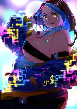 A digital drawing of None in her 1.0 outfit. They are in profile view with their head turned to the camera. She has a confident smirk on her face; her jacket is aglow with cybernetic patterns.
