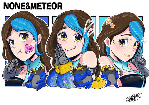 A digital drawing of three headshots of None and Meteor. The first is a pouty headshot from a sticker prank by Meteor. The second is a happy headshot with clapped hands. The third is a posed headshot.